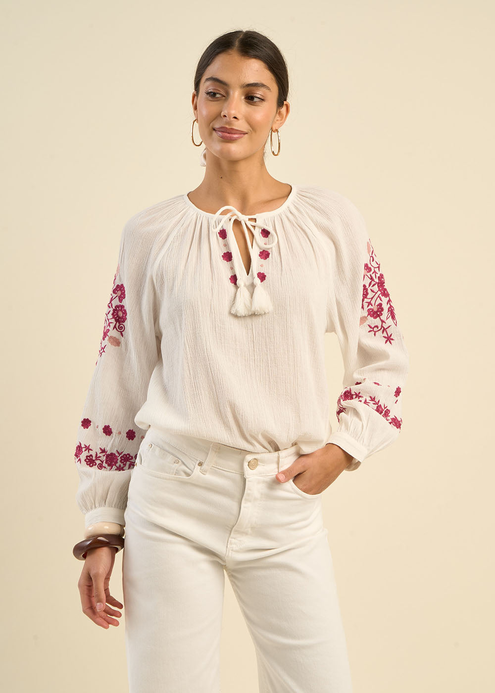 Blouse brodée ample en gaze de coton