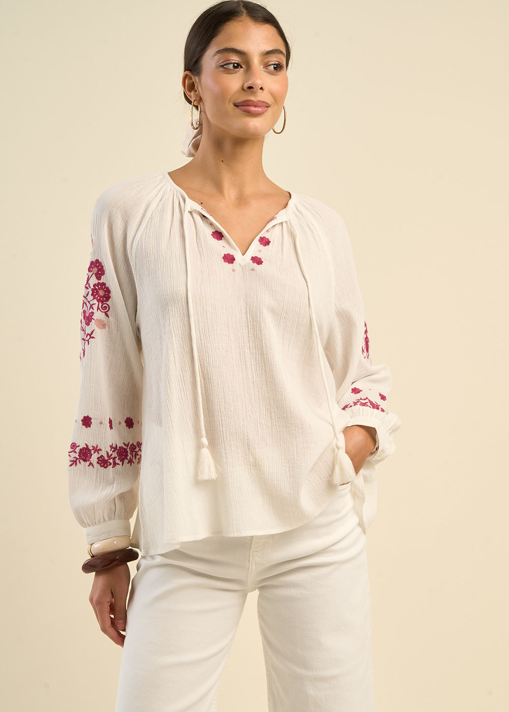 Blouse brodée ample en gaze de coton
