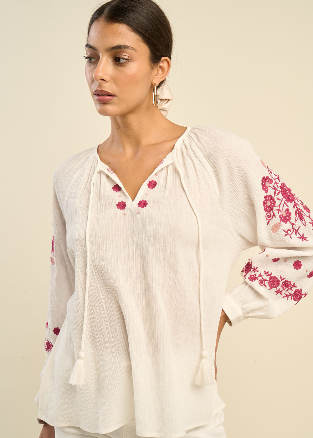 Blouse brodée ample en gaze de coton