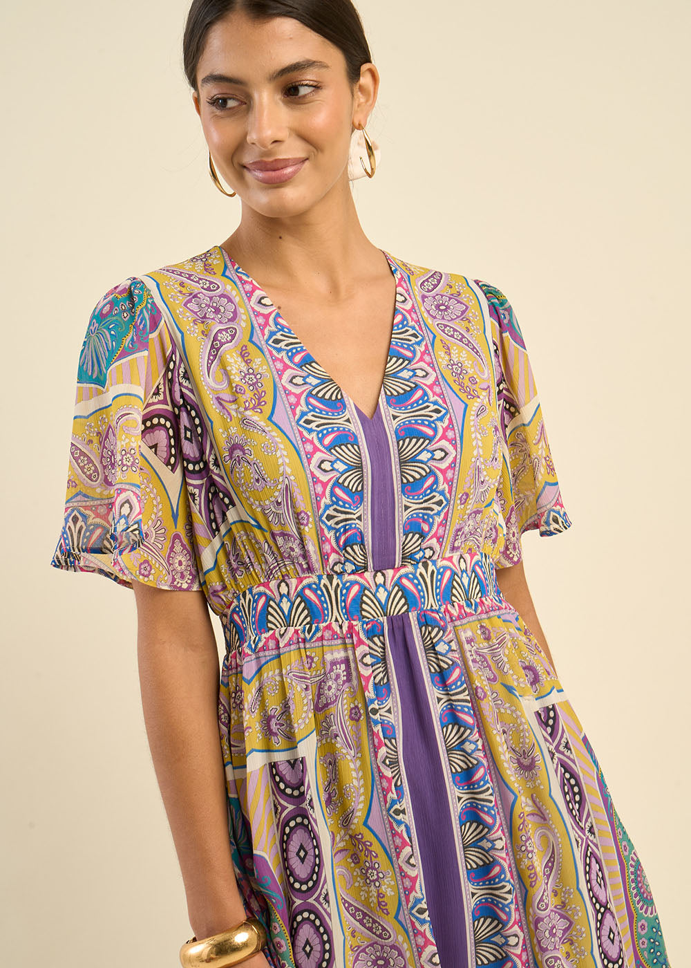 Robe longue décolleté V à motifs
