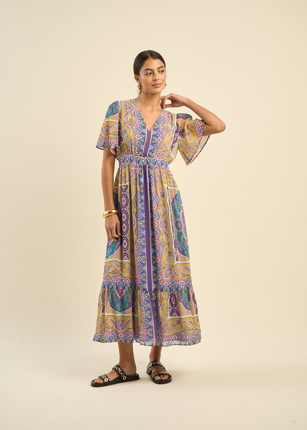 Robe longue décolleté V à motifs