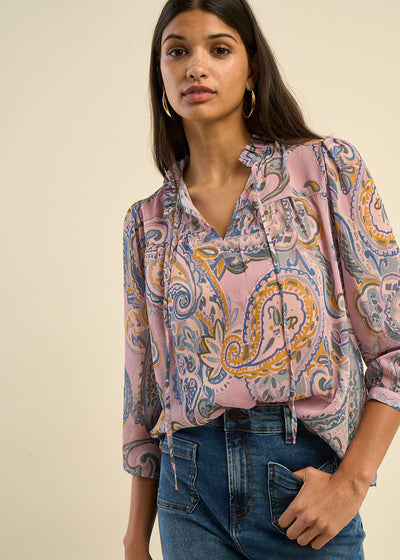 Blouse ample imprimée cachemire avec col tunisien