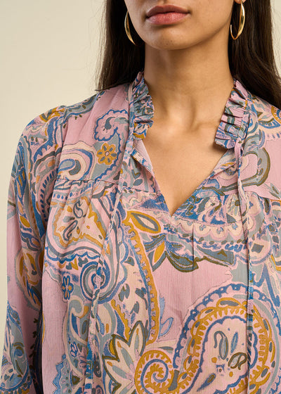 Blouse ample imprimée cachemire avec col tunisien