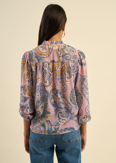 Blouse ample imprimée cachemire avec col tunisien