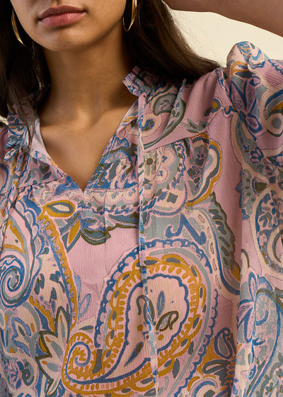 Blouse ample imprimée cachemire avec col tunisien