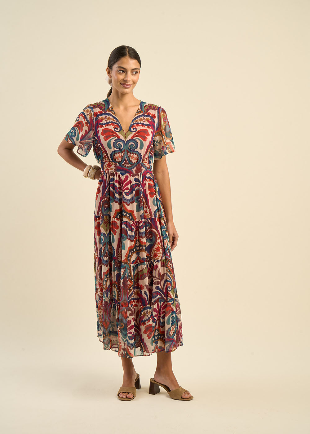 Robe longue décolleté V imprimé multicolore