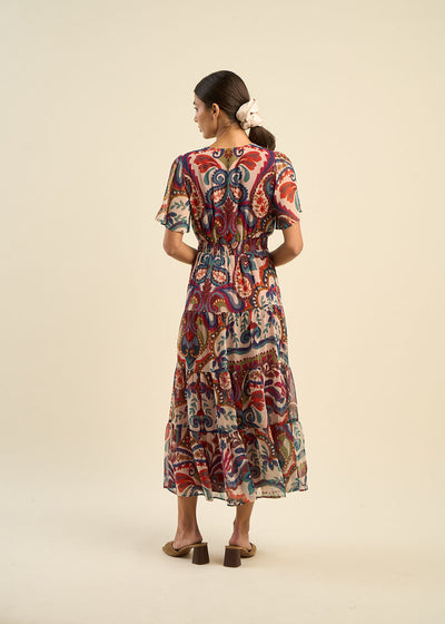 Robe longue décolleté V imprimé multicolore