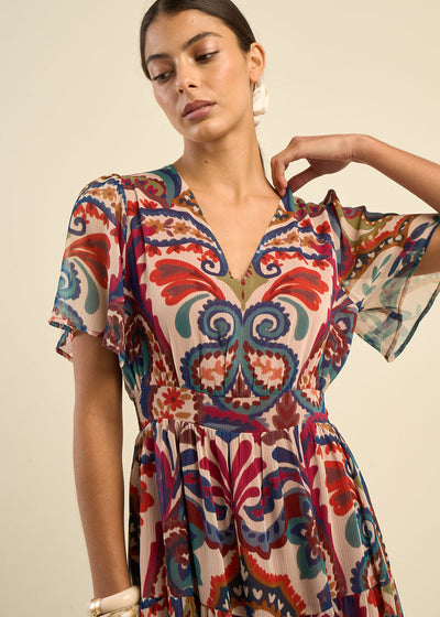 Robe longue décolleté V imprimé multicolore