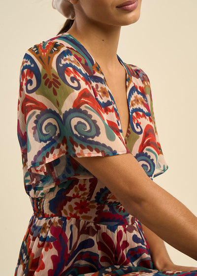 Robe longue décolleté V imprimé multicolore