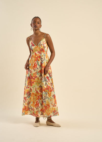 Robe longue à bretelles et motifs multicolores