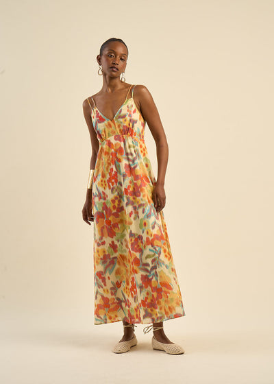 Robe longue à bretelles et motifs multicolores