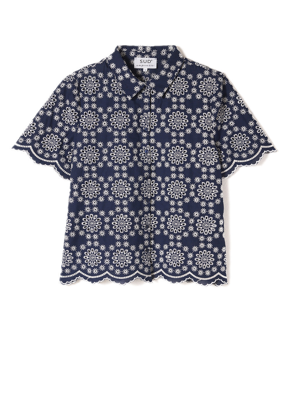 Chemise manches courtes broderie anglaise contrastée