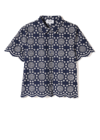 Chemise manches courtes broderie anglaise contrastée