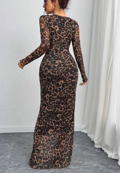 Ria | Robe Longue à Manches Longues Imprimé Léopard Pour Femmes | Du soir