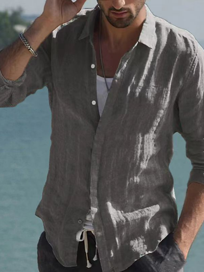 Magrason | Chemise Vintage Unie en Lin à col Rabattable Pour Hommes | Noel