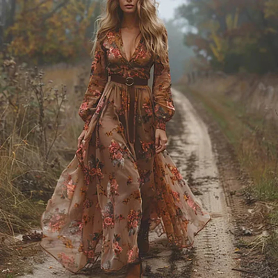 Iricka | Robe longue à col en V pour Femmes | Fleurie