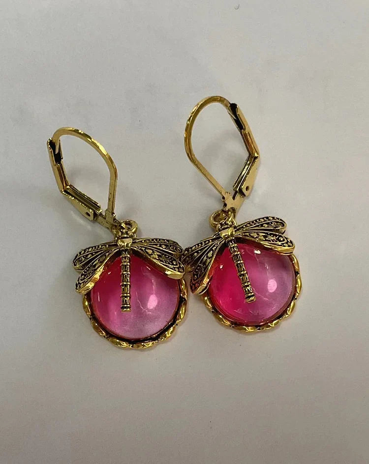 Boucles d'oreilles libellule sphérique en or antique