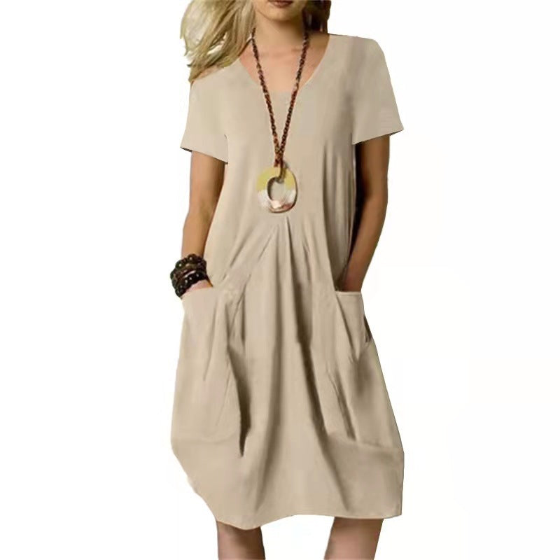 Robe Midi à Col Rond et Poches pour Femmes