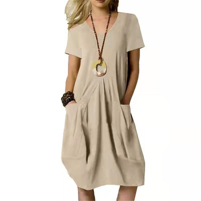 Robe Midi à Col Rond et Poches pour Femmes