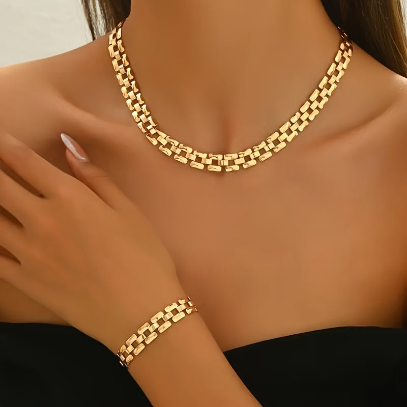 Parure collier et bracelet au design boucle carrée tendance en or ou en argent