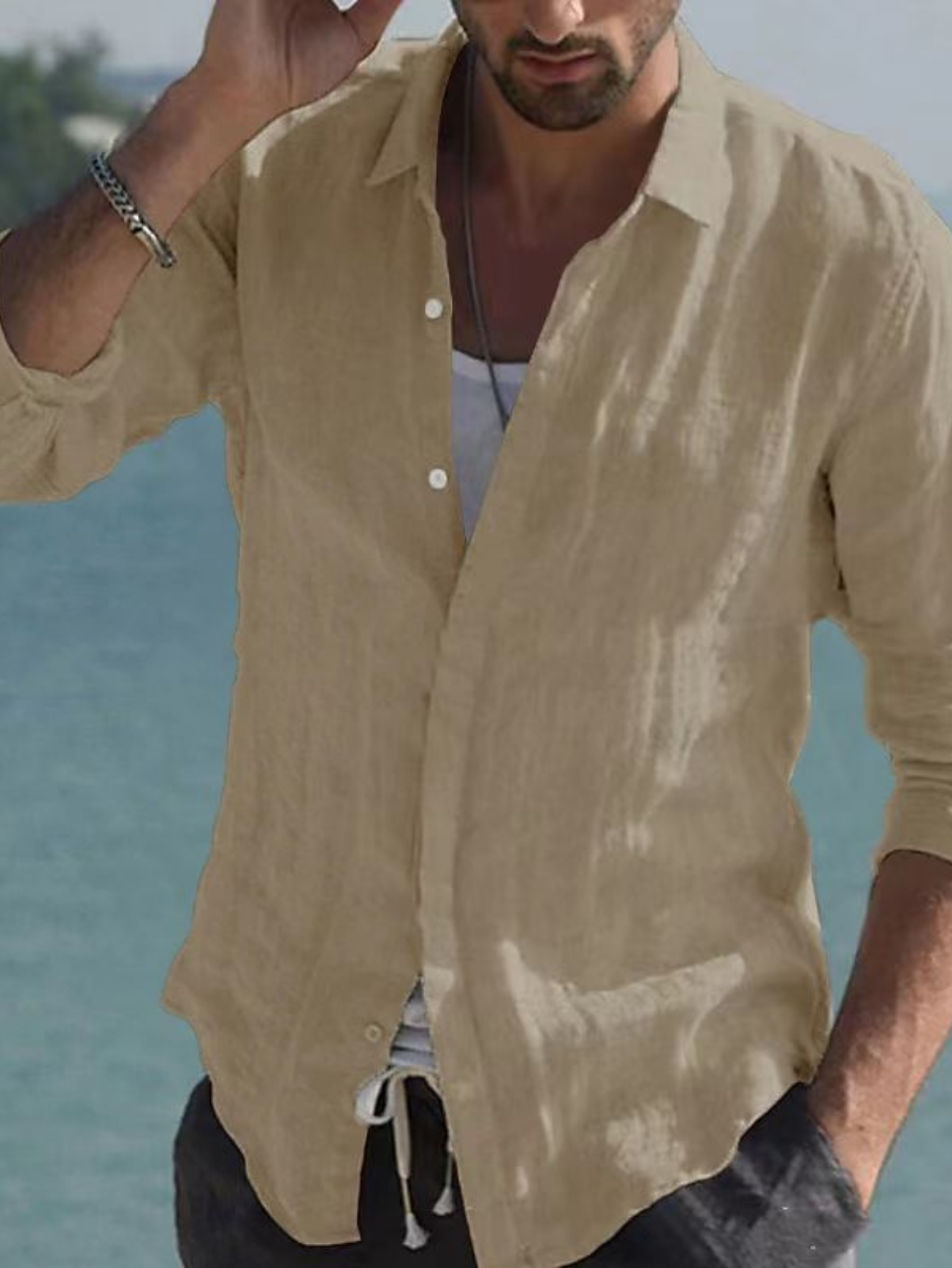 Magrason | Chemise Vintage Unie en Lin à col Rabattable Pour Hommes | Noel