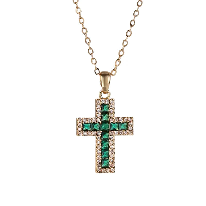 Collier Pendentif Croix Émeraude Solène | Or 18K