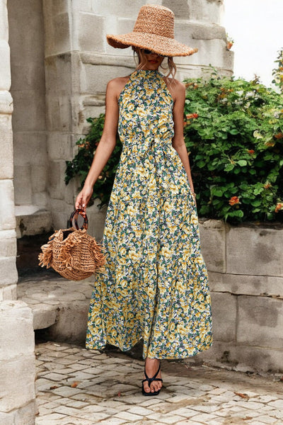 Solène - Robe longue avec ceinture à la taille et motifs