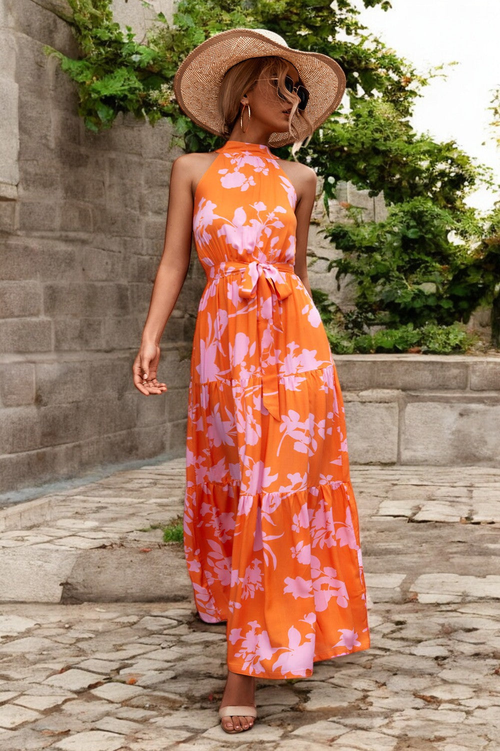 Solène - Robe longue avec ceinture à la taille et motifs