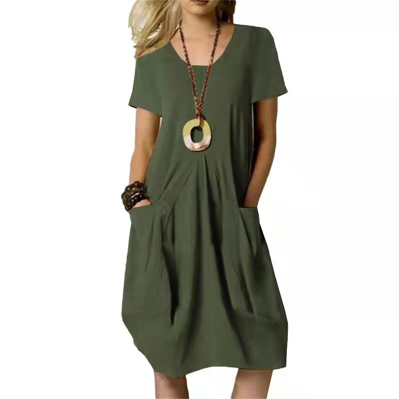 Robe Midi à Col Rond et Poches pour Femmes