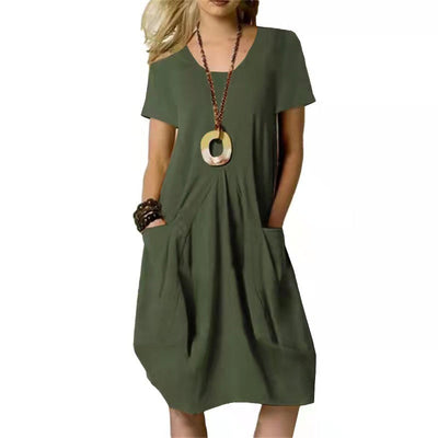 Robe Midi à Col Rond et Poches pour Femmes