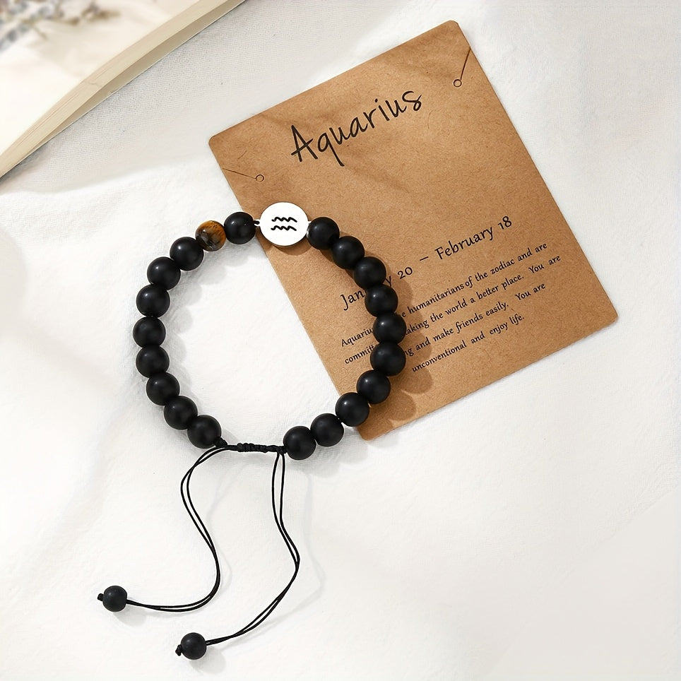 Bracelet Zodiaque en Perles Noires – Ajustable et Élégant