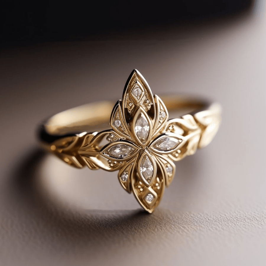 Bague classique en or 18K avec pierres précieuses taille marquise