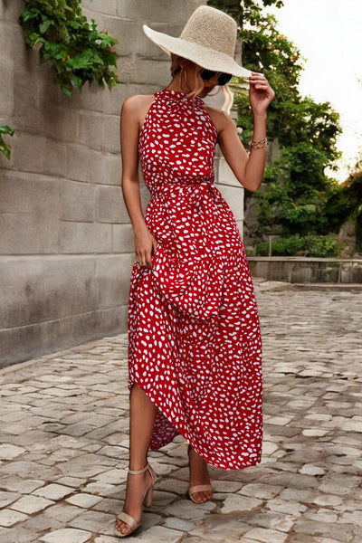 Solène - Robe longue avec ceinture à la taille et motifs