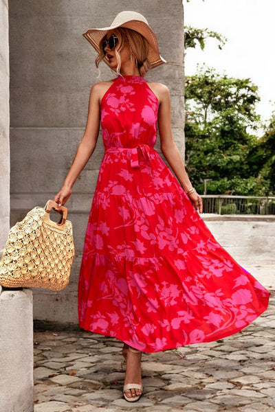 Solène - Robe longue avec ceinture à la taille et motifs