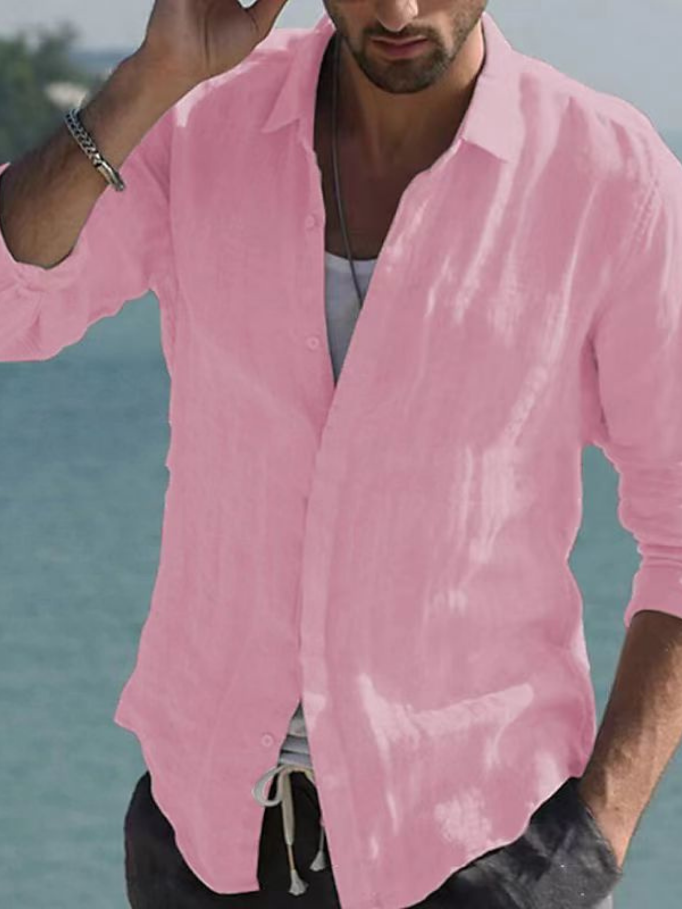 Magrason | Chemise Vintage Unie en Lin à col Rabattable Pour Hommes | Noel