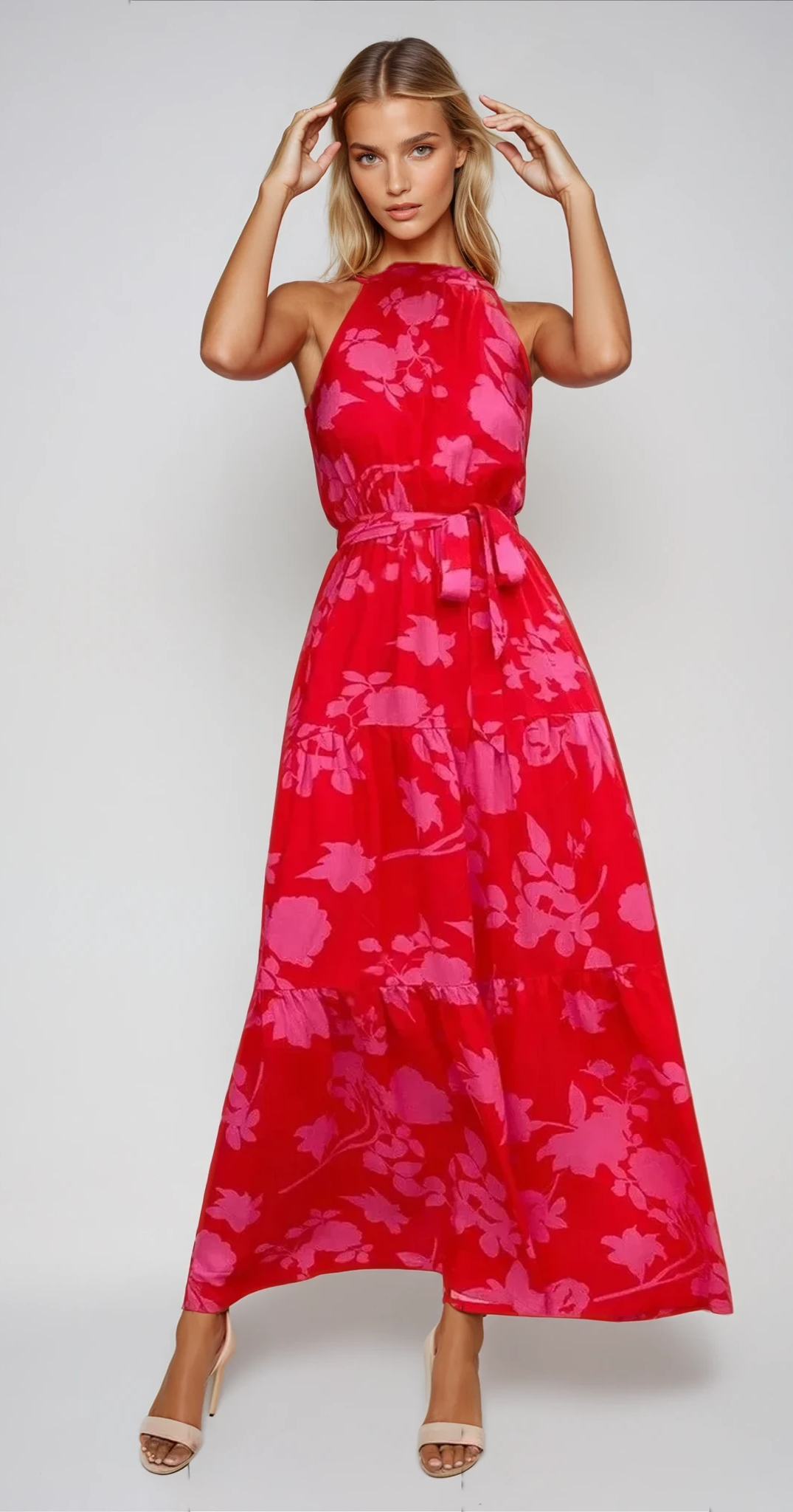Solène - Robe longue avec ceinture à la taille et motifs