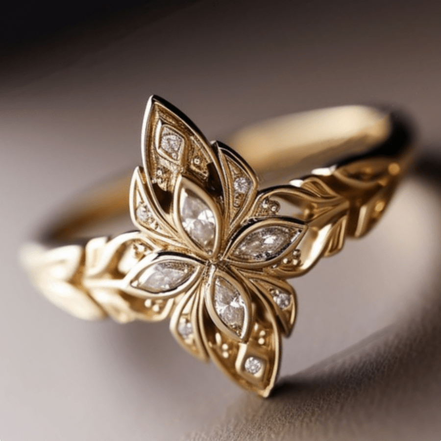 Bague classique en or 18K avec pierres précieuses taille marquise
