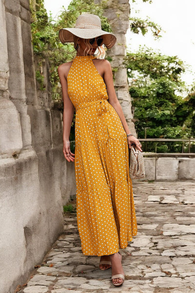 Solène - Robe longue avec ceinture à la taille et motifs