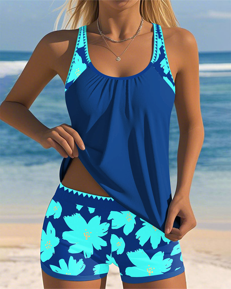 Tankini U-Cou Sans Manches Imprimé Culotte Boxer