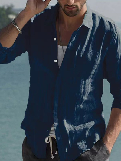Magrason | Chemise Vintage Unie en Lin à col Rabattable Pour Hommes | Noel