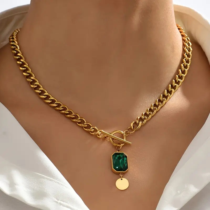 Collier Pendentif Émeraude à Grosse Chaîne | Or 18K