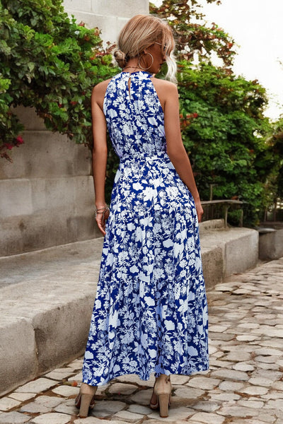 Solène - Robe longue avec ceinture à la taille et motifs