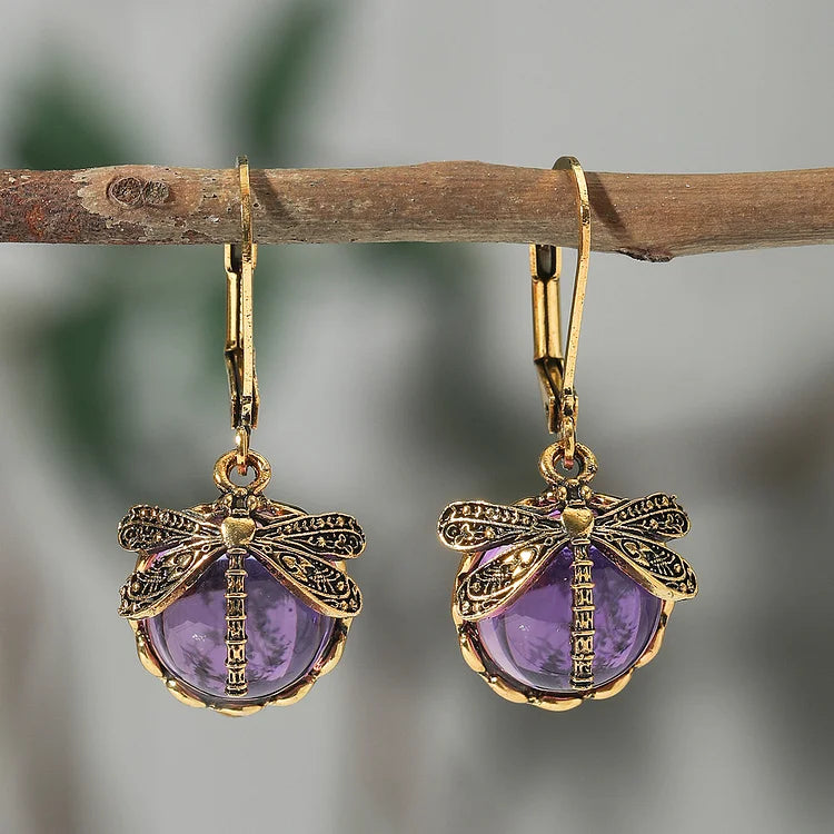 Boucles d'oreilles libellule sphérique en argent antique