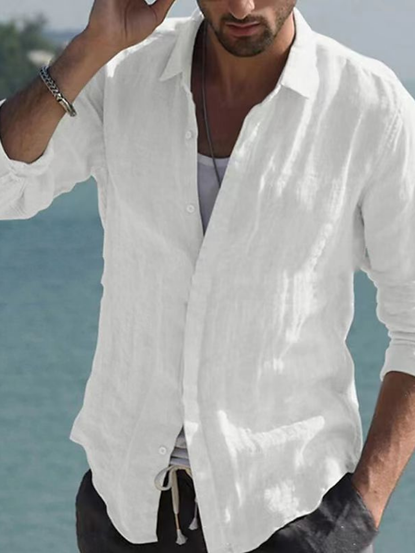 Magrason | Chemise Vintage Unie en Lin à col Rabattable Pour Hommes | Noel