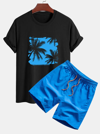 T-shirt en Coton à Imprimé Silhouette de Palmiers & Short de Bain