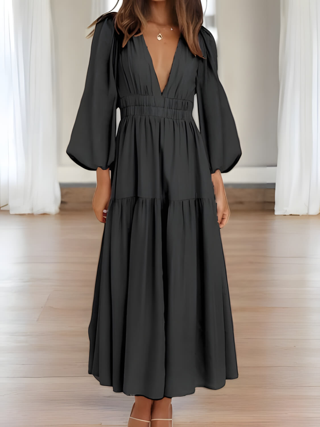 Léonie - Maxi-robe à manches ballon et décolleté en V