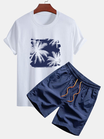 T-shirt en Coton à Imprimé Silhouette de Palmiers & Short de Bain