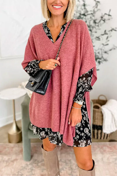Pull poncho ample uni à col V chic