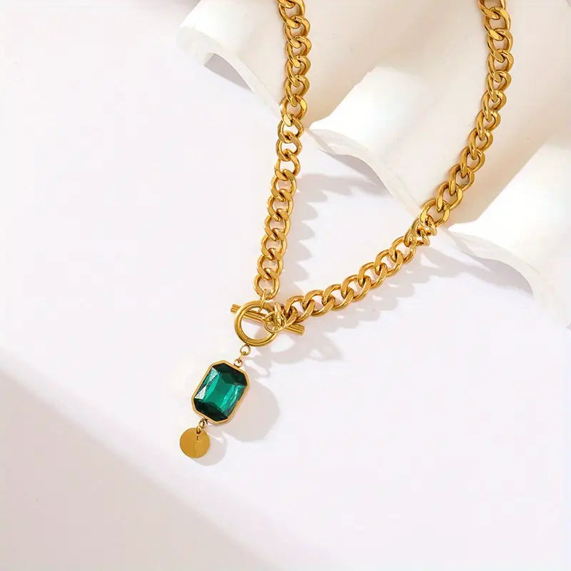 Collier Pendentif Émeraude à Grosse Chaîne | Or 18K