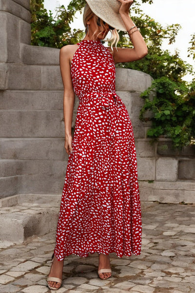 Solène - Robe longue avec ceinture à la taille et motifs